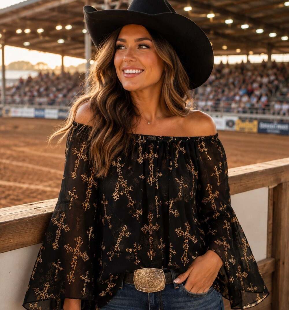 Cowgirl Hardware Womans Sm Off-The-Shoulder Sheer Tunic Top Leopard Crosses